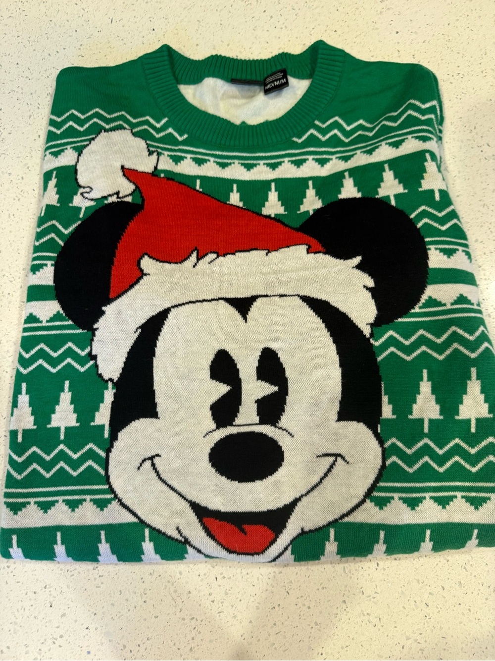 WORN ONCE. Disney Green Mickey Santa Crewneck Sweater